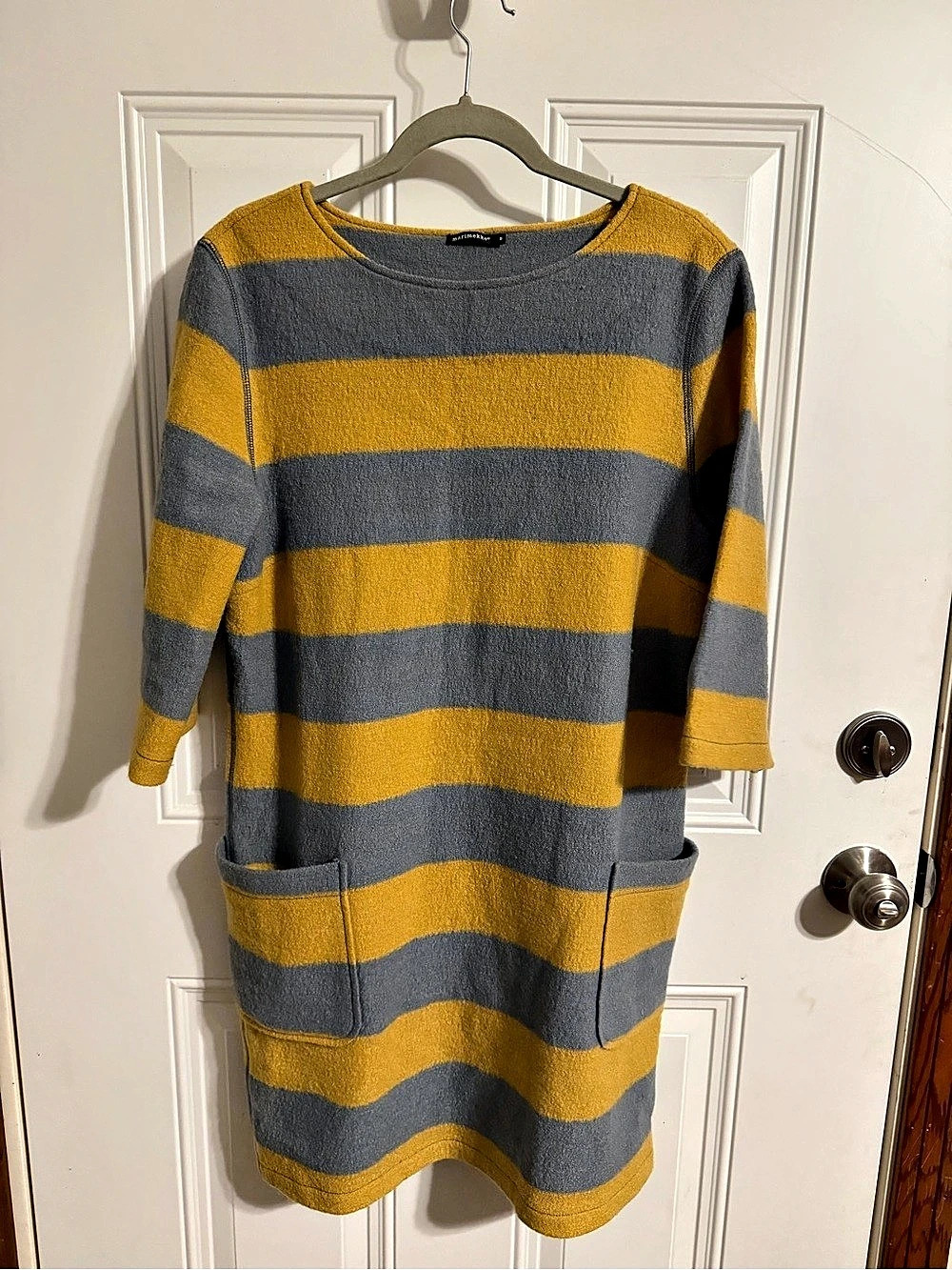 Marimekko Tukku Dress Striped Wool Mini Yellow & Gray